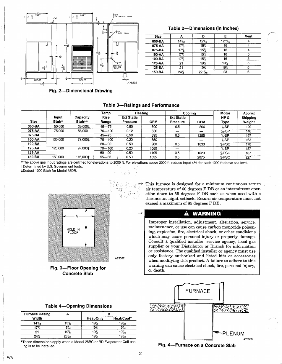 Fig. 2—dimensional drawing, Fig. 3—floor opening for concrete slab, A warning | Table 4—opening dimensions, Furnace ■plenum | Carrier 58DR User Manual | Page 2 / 12