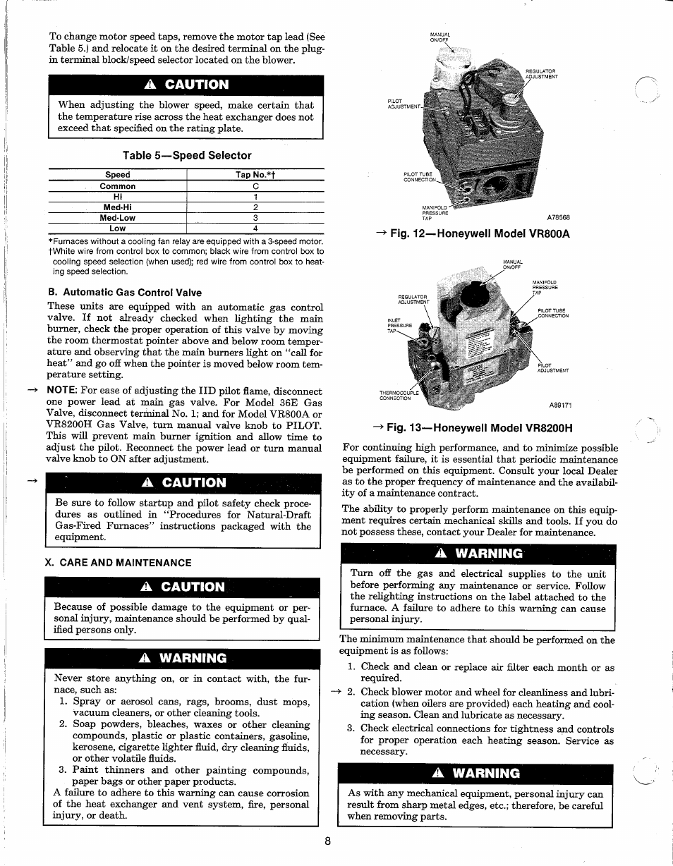 A caution, A warning, Fig. 13—honeywell model vr8200h | Carrier 58DR User Manual | Page 8 / 12