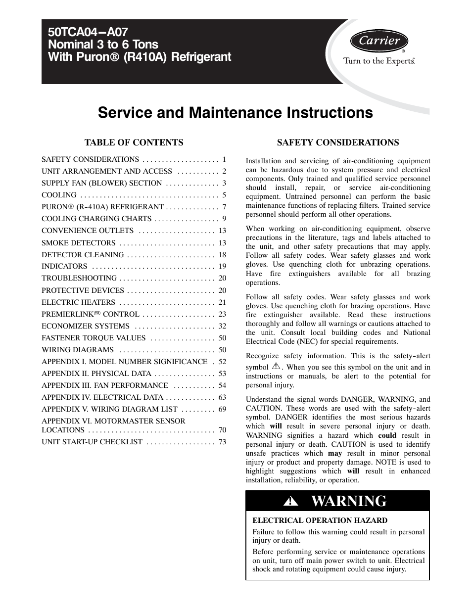 Carrier 50TCA04-A07 User Manual | 73 pages