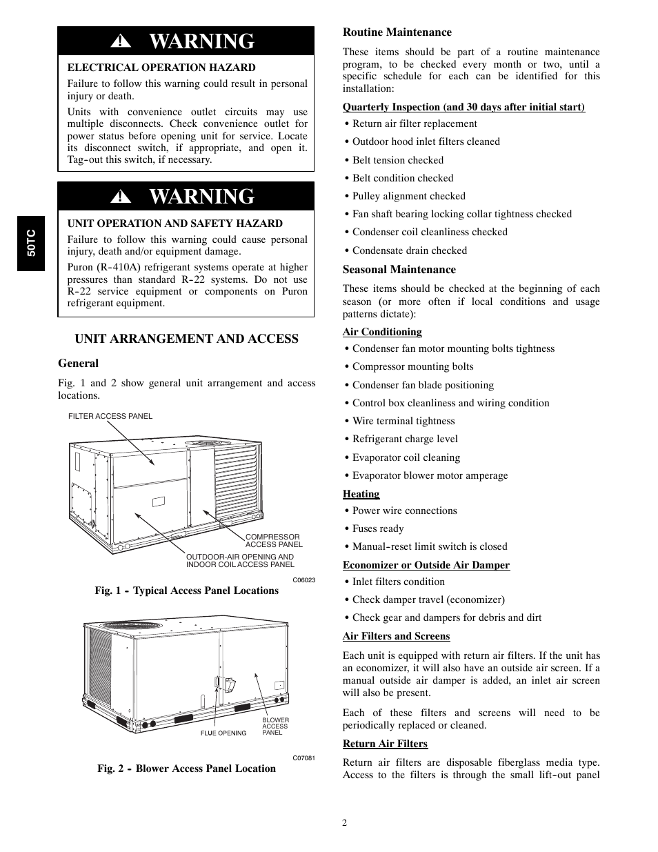 Warning | Carrier 50TCA04-A07 User Manual | Page 2 / 73