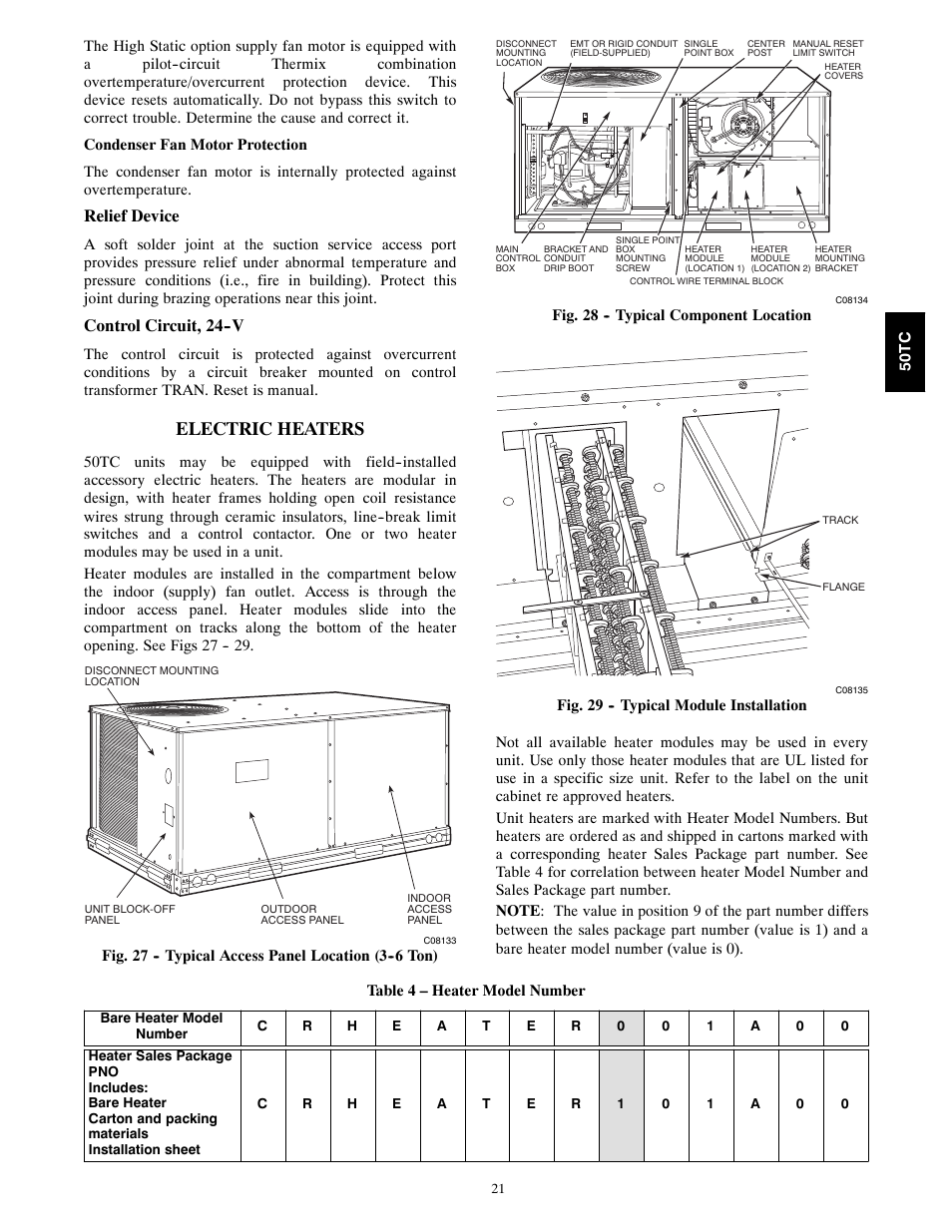 Electric heaters, Relief device, Control circuit, 24--v | Carrier 50TCA04-A07 User Manual | Page 21 / 73