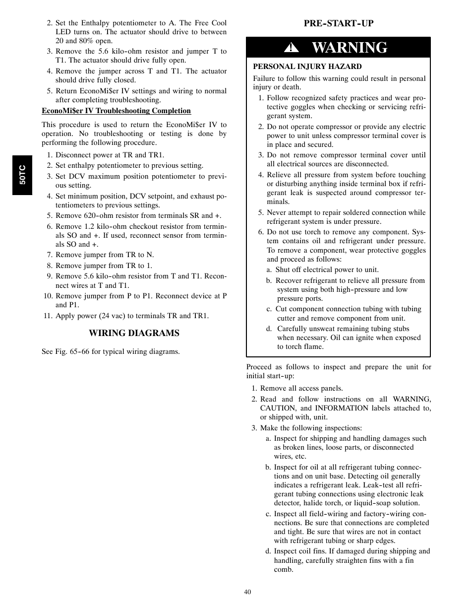 Warning | Carrier 50TCA04-A07 User Manual | Page 40 / 73