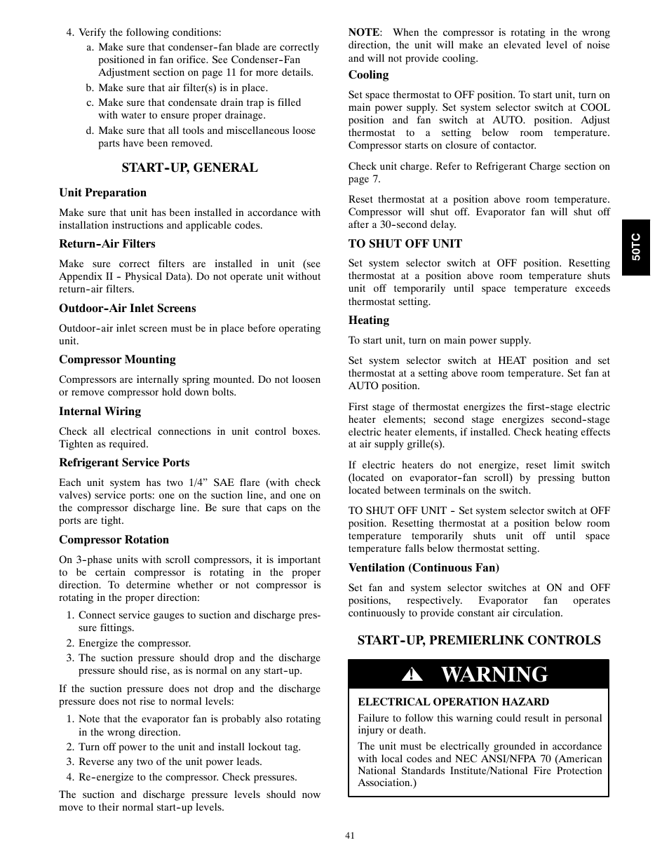 Warning | Carrier 50TCA04-A07 User Manual | Page 41 / 73