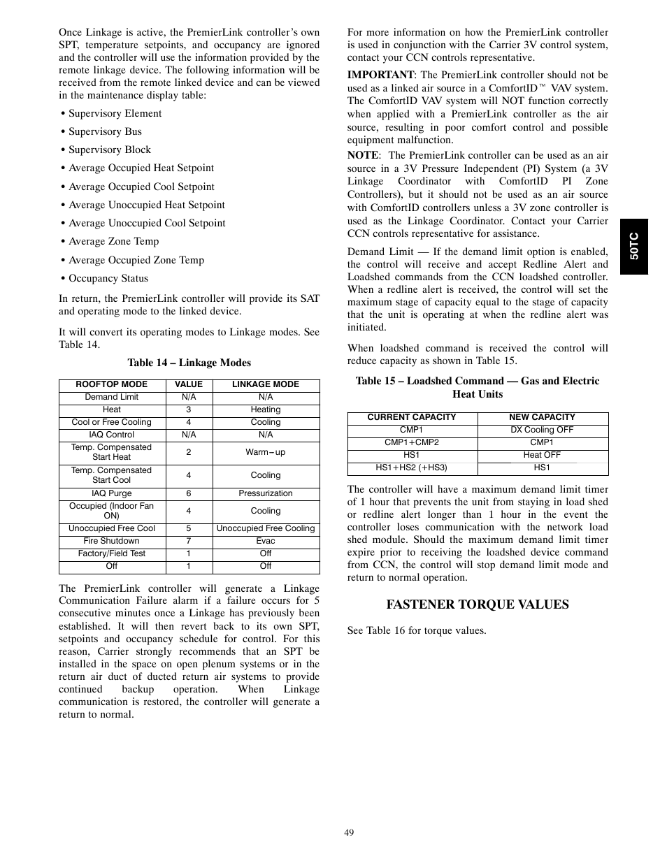 Fastener torque values | Carrier 50TCA04-A07 User Manual | Page 49 / 73