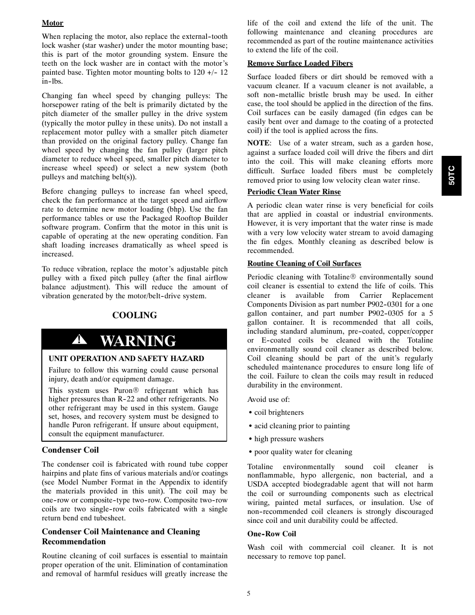 Warning | Carrier 50TCA04-A07 User Manual | Page 5 / 73