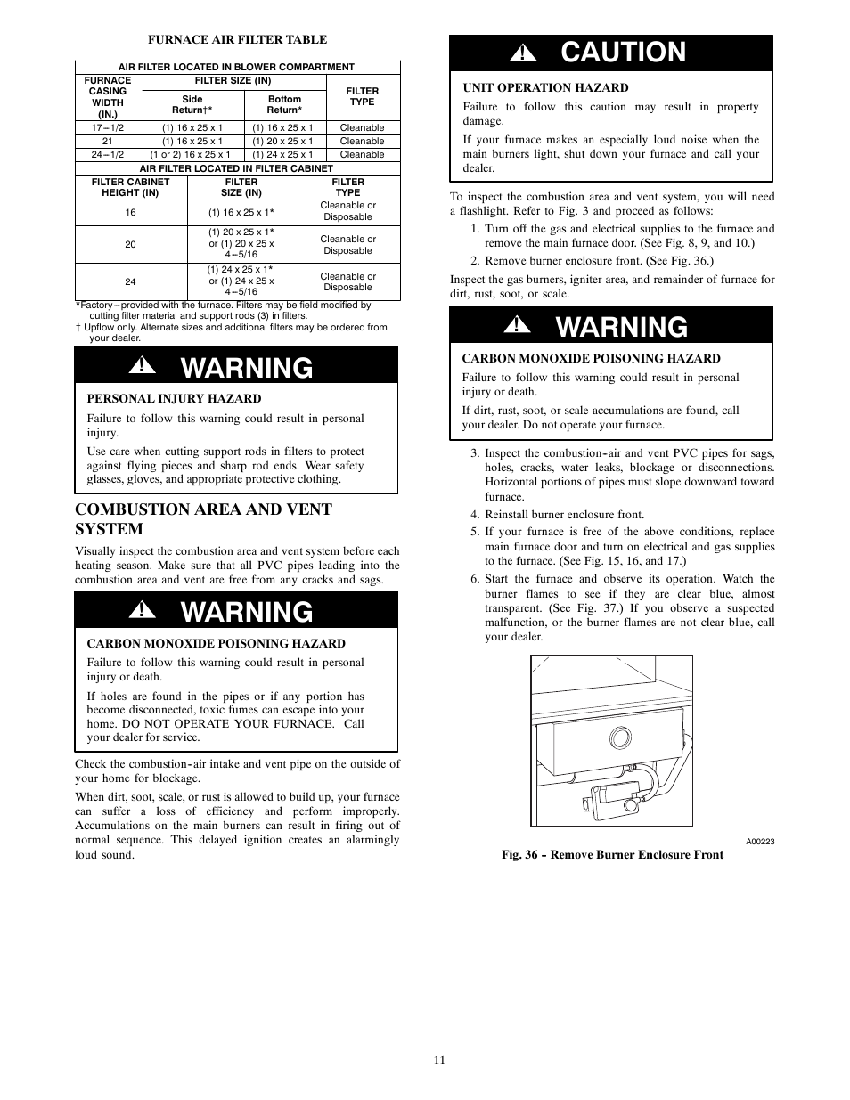 Warning, Caution, Combustion area and vent system | Carrier 58UVB User Manual | Page 11 / 14