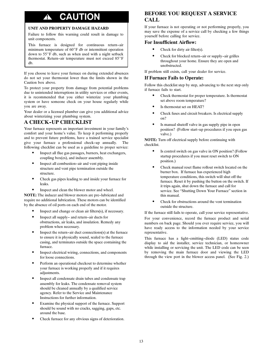 Caution, A check--up checklist, Before you request a service call | Carrier 58UVB User Manual | Page 13 / 14