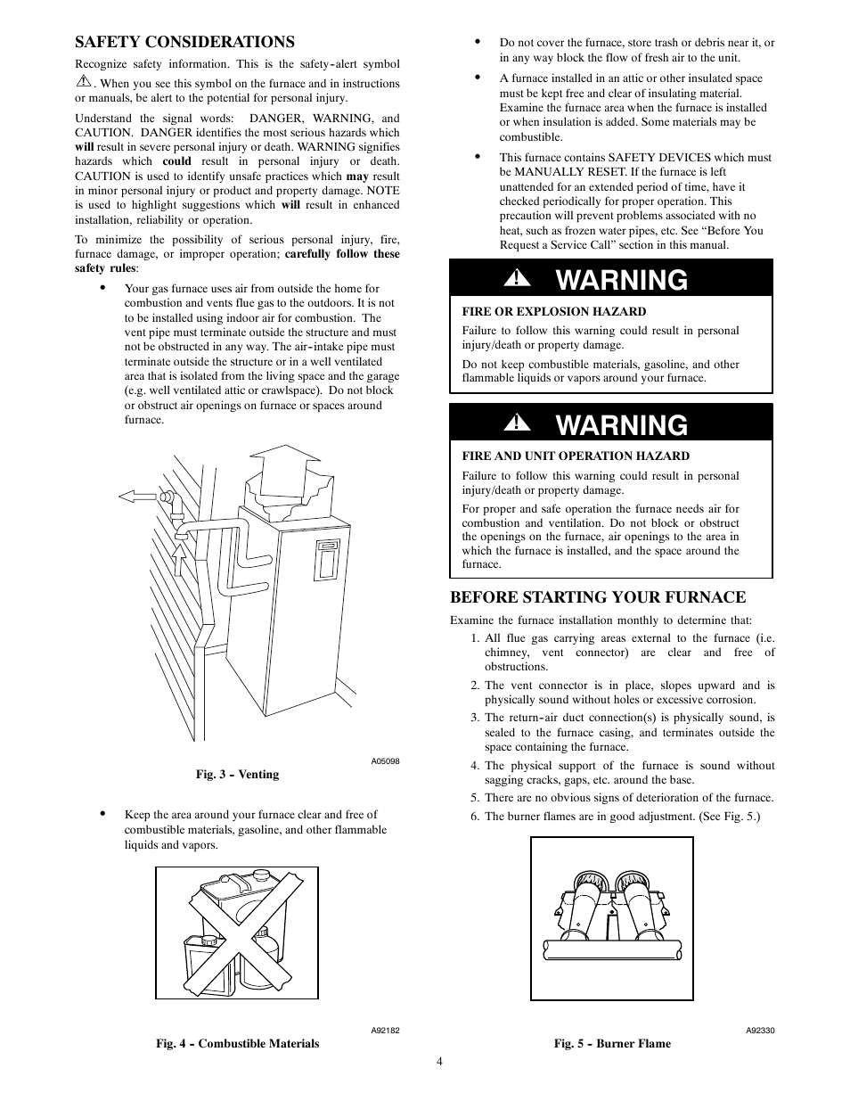 Warning, Safety considerations, Before starting your furnace | Carrier 58UVB User Manual | Page 4 / 14