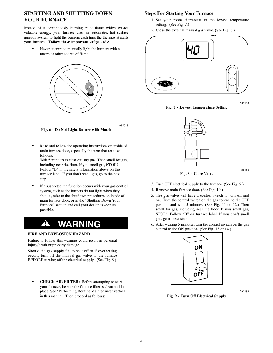 Warning, Starting and shutting down your furnace, Steps for starting your furnace | Carrier 58UVB User Manual | Page 5 / 14