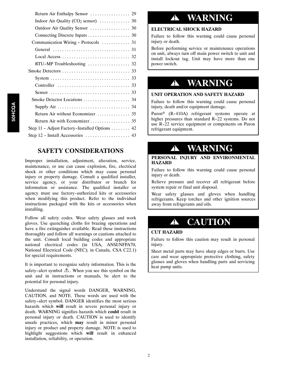 Warning, Caution, Safety considerations | Carrier 50HCQA User Manual | Page 2 / 44