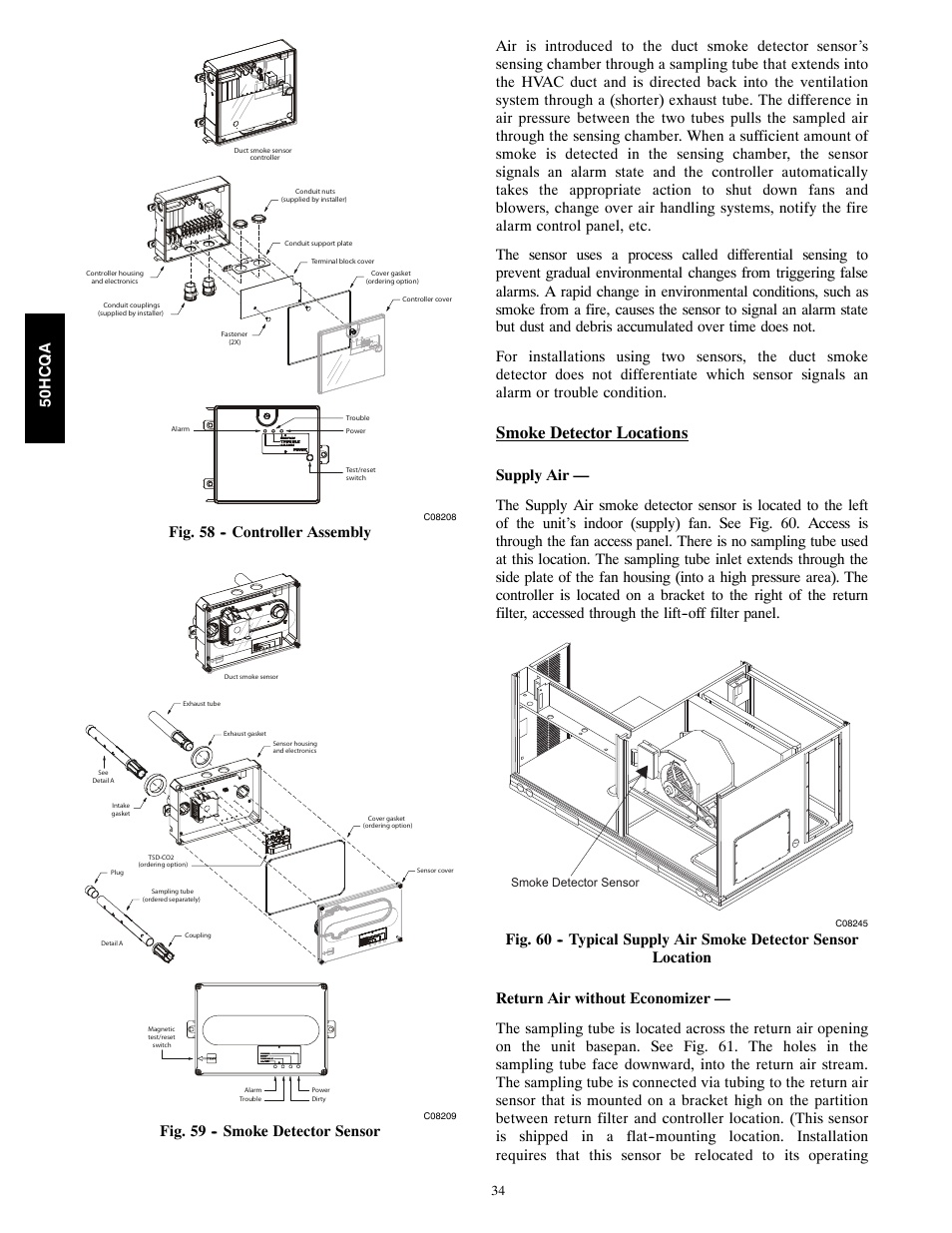 Smoke detector locations, Fig. 58 -- controller assembly | Carrier 50HCQA User Manual | Page 34 / 44