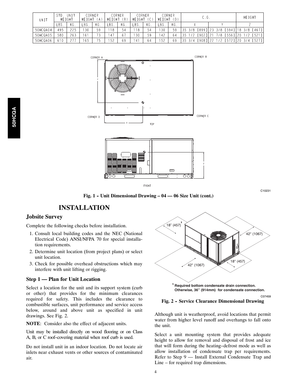 Installation, Jobsite survey | Carrier 50HCQA User Manual | Page 4 / 44