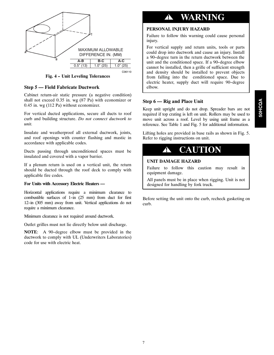 Warning, Caution | Carrier 50HCQA User Manual | Page 7 / 44