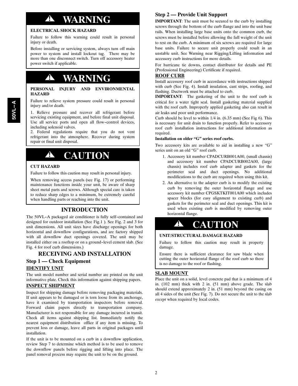 Warning, Caution | Carrier 50VL---A User Manual | Page 2 / 30