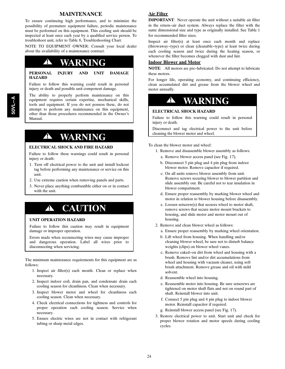 Warning, Caution, Maintenance | Carrier 50VL---A User Manual | Page 24 / 30