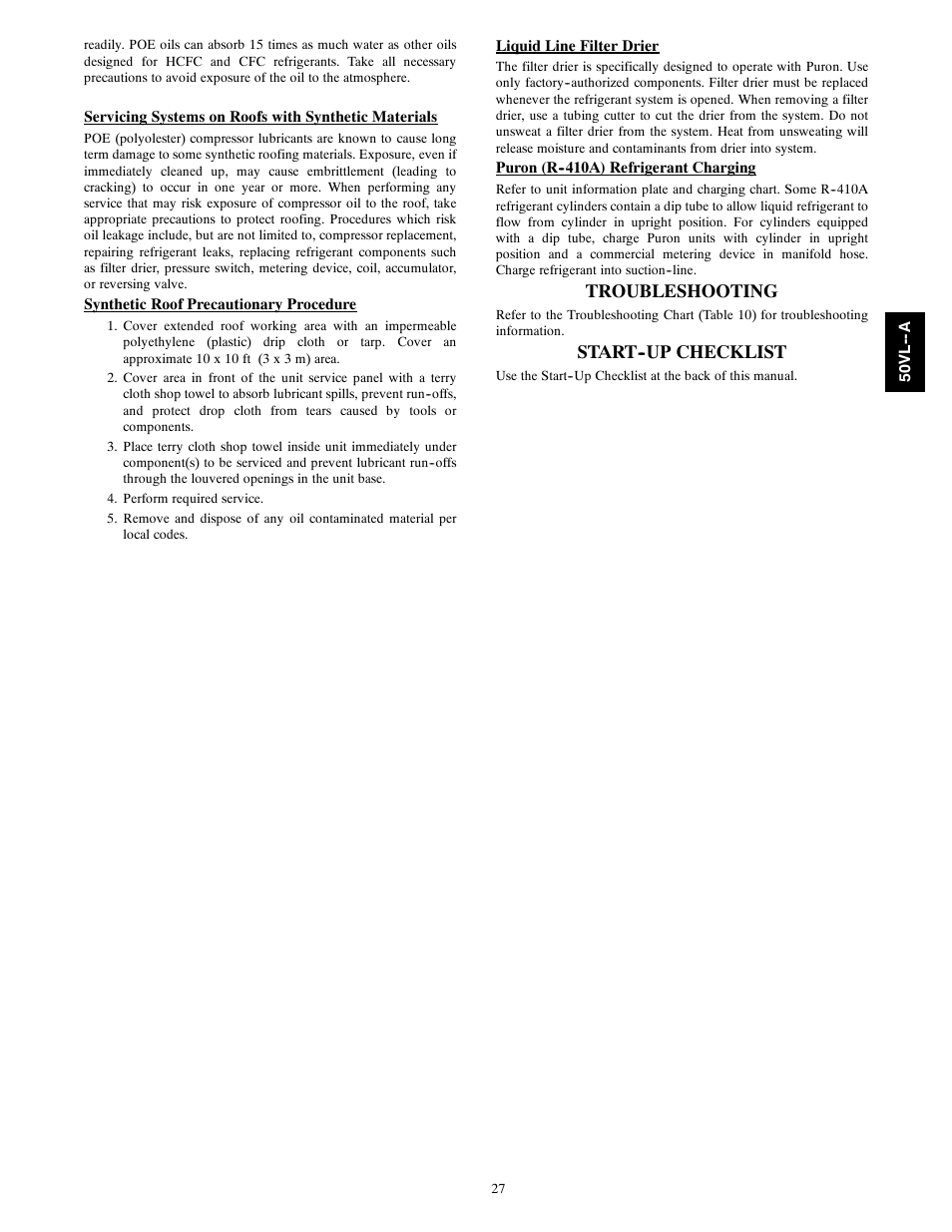 Troubleshooting, Start--up checklist | Carrier 50VL---A User Manual | Page 27 / 30