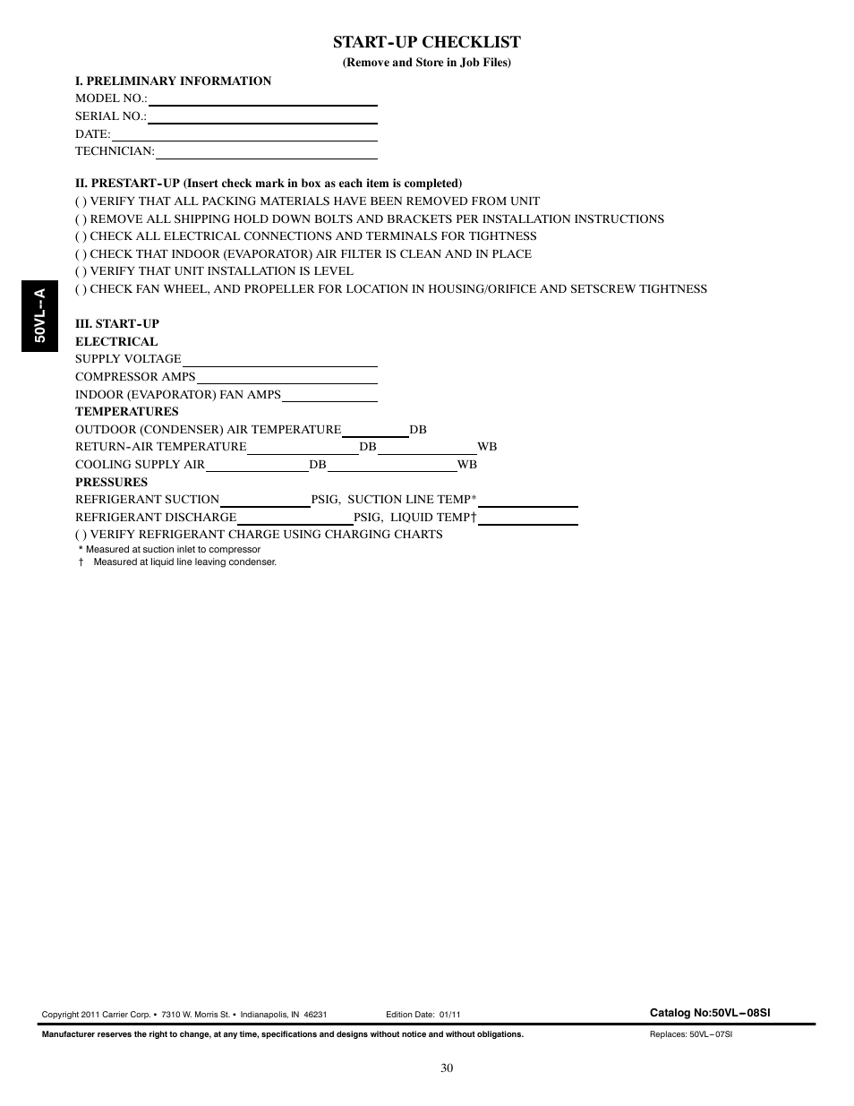 Start--up checklist | Carrier 50VL---A User Manual | Page 30 / 30