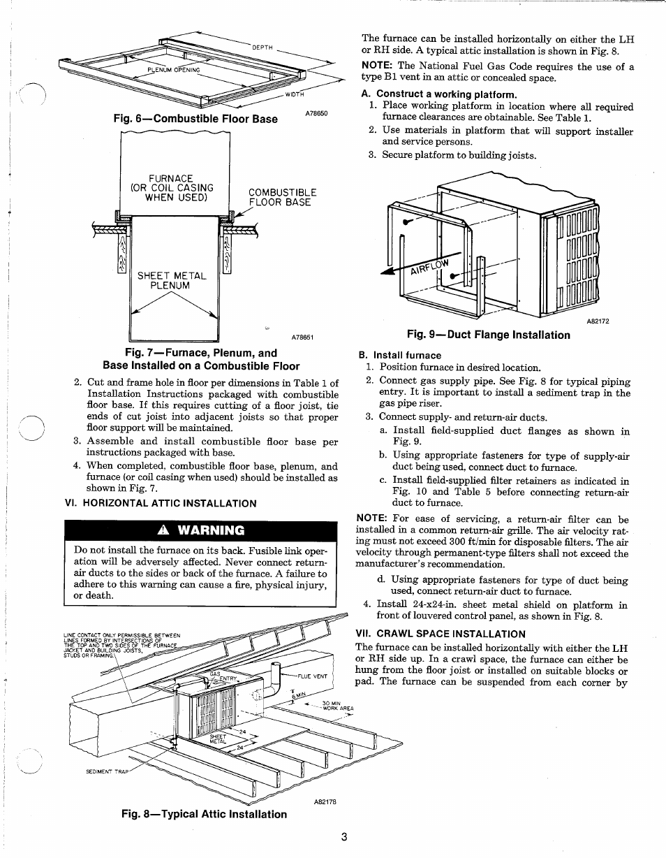 Vi. horizontal attic installation, A warning, B. install furnace | Vii. crawl space installation | Carrier 58DHL User Manual | Page 3 / 10