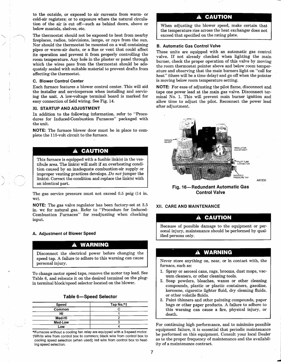 C. blower control center, Xi. startup and adjustment, A caution | A warning, B. automatic gas control valve, Fig. 16—redundant automatic gas contrai valve, Xii. care and maintenance | Carrier 58DHL User Manual | Page 7 / 10