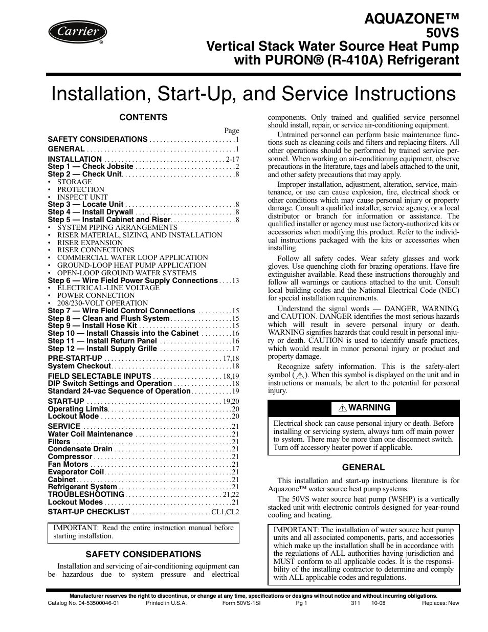 Carrier AQUAZONE 50VS User Manual | 24 pages