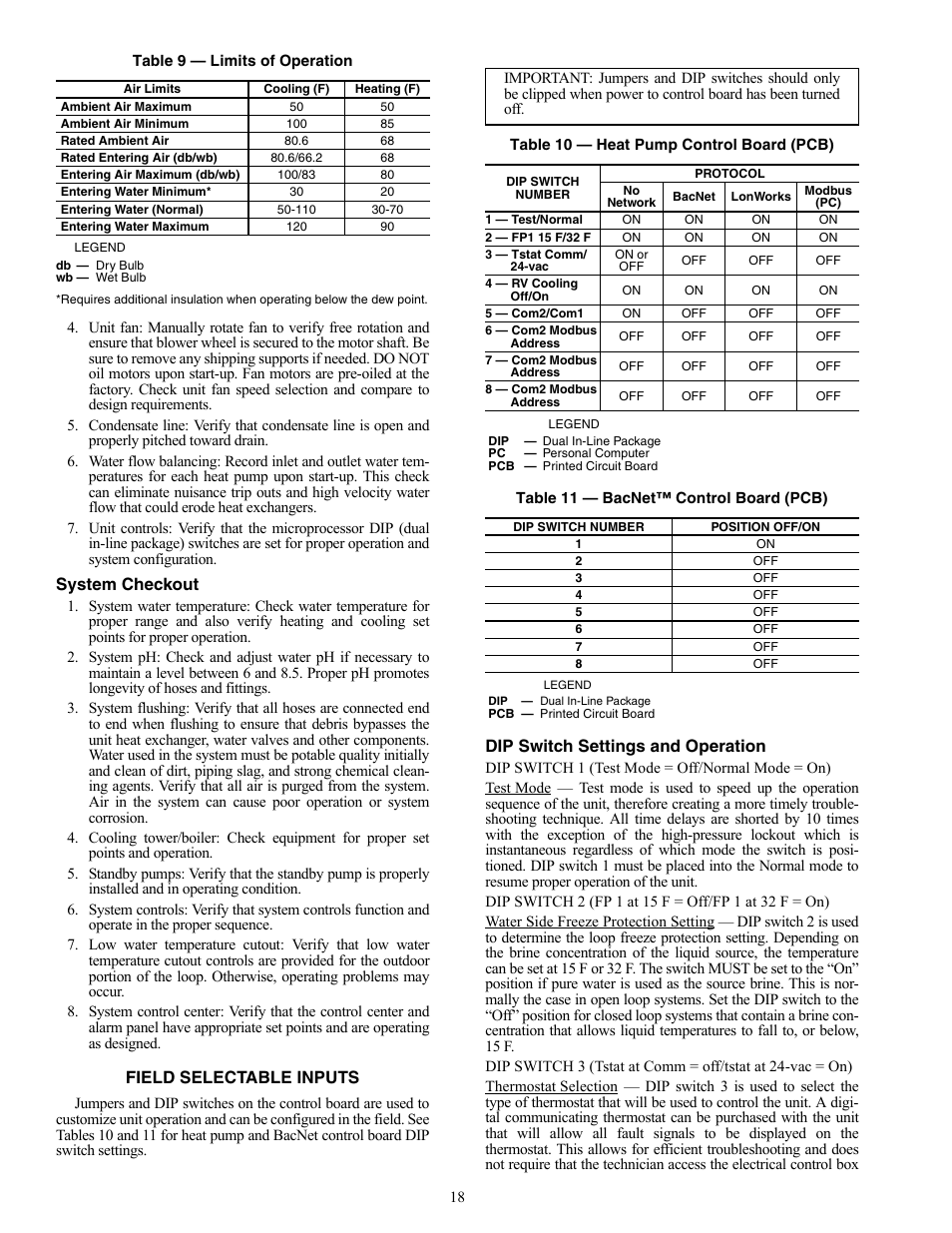 System checkout, Field selectable inputs, Dip switch settings and operation | Carrier AQUAZONE 50VS User Manual | Page 18 / 24