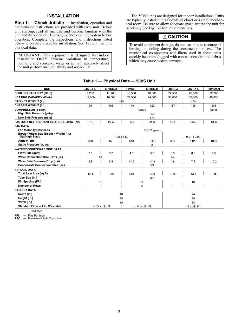 Installation step 1 — check jobsite, Caution | Carrier AQUAZONE 50VS User Manual | Page 2 / 24