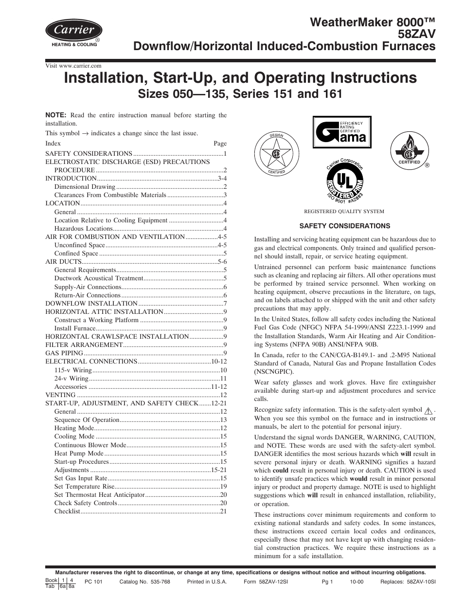 Carrier WEATHERMAKER 8000 58ZAV User Manual | 24 pages