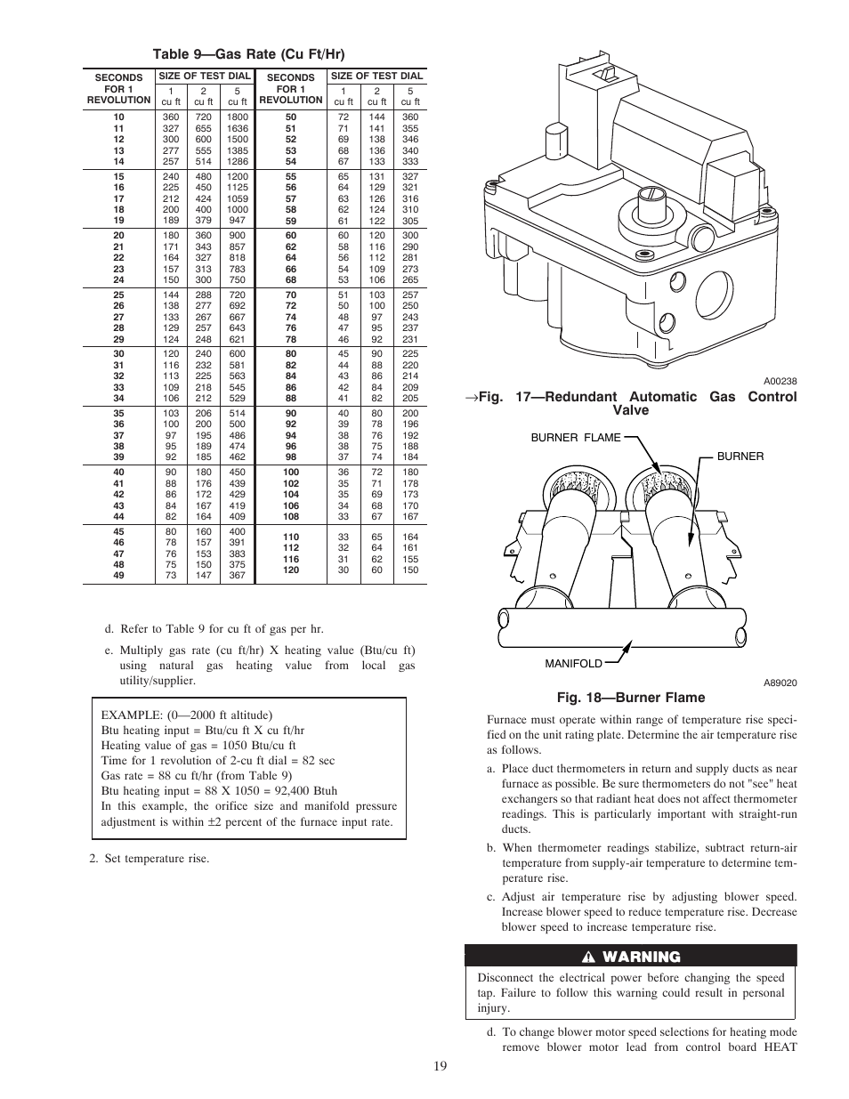 Table 9—gas rate (cu ft/hr), Fig. 17—redundant automatic gas control valve, Fig. 18—burner flame | Carrier WEATHERMAKER 8000 58ZAV User Manual | Page 19 / 24