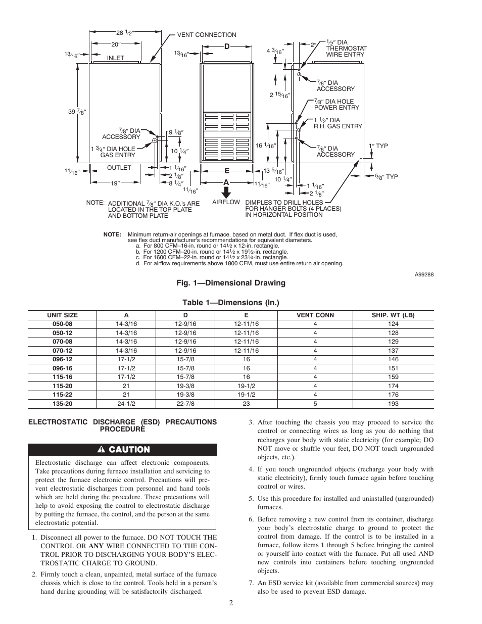 Table 1—dimensions (in.), Fig. 1—dimensional drawing | Carrier WEATHERMAKER 8000 58ZAV User Manual | Page 2 / 24