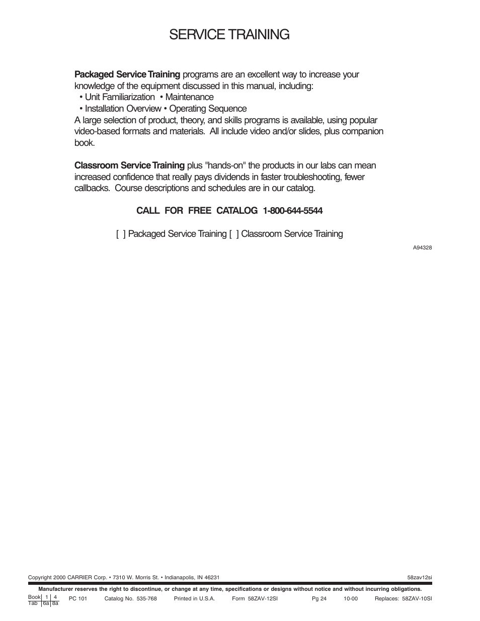 Service training | Carrier WEATHERMAKER 8000 58ZAV User Manual | Page 24 / 24