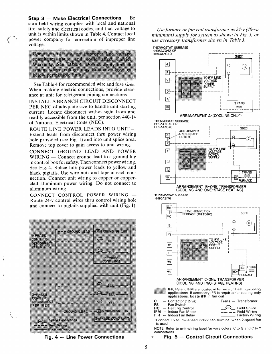 Step 3 — make electrical connections — be, See tafek 4 ««t »pply i, Fig. 4 — line power connections | Fig. 5 — control circuit connections | Carrier 38EC User Manual | Page 5 / 12