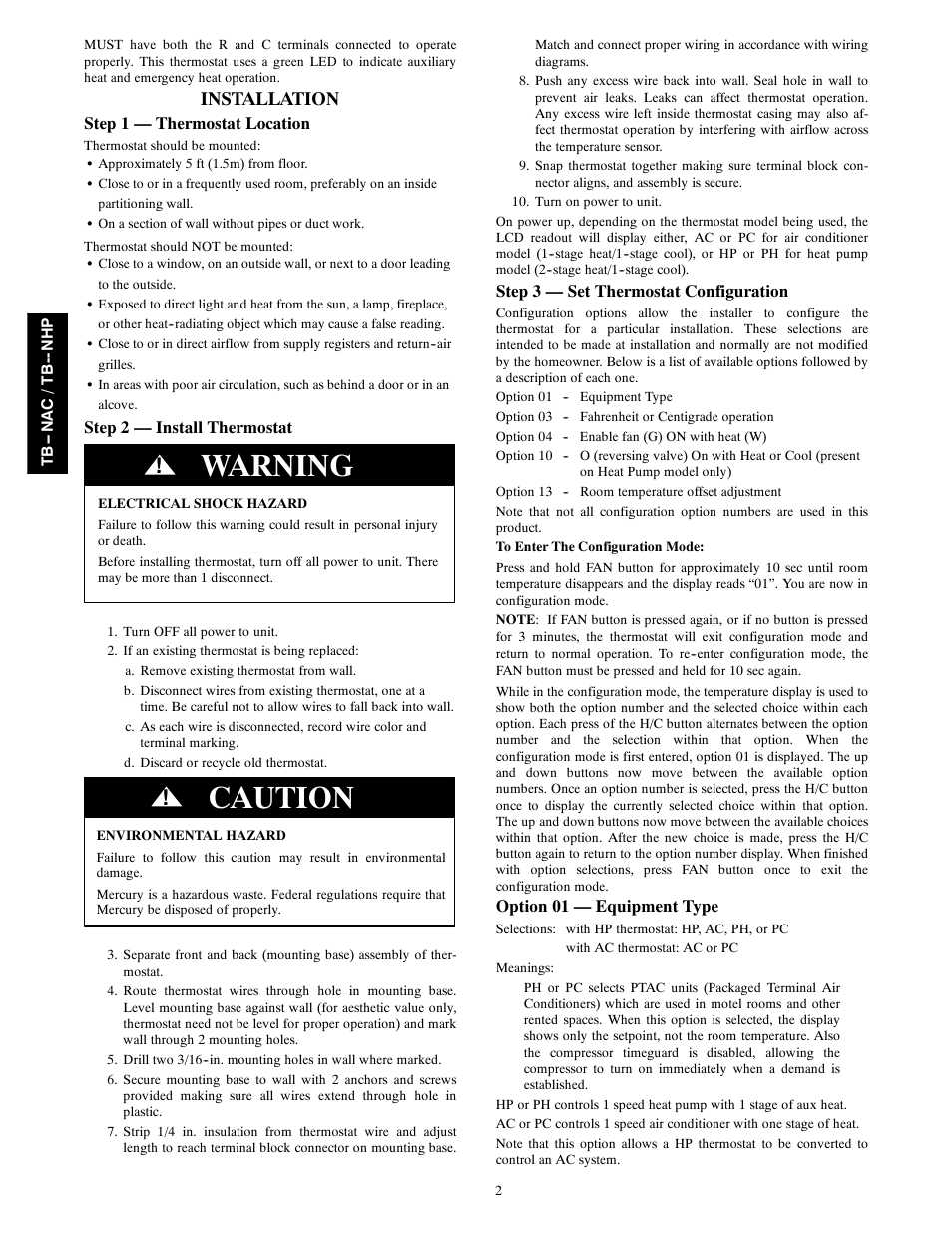 Warning, Caution, Installation | Carrier TB-NHP User Manual | Page 2 / 8