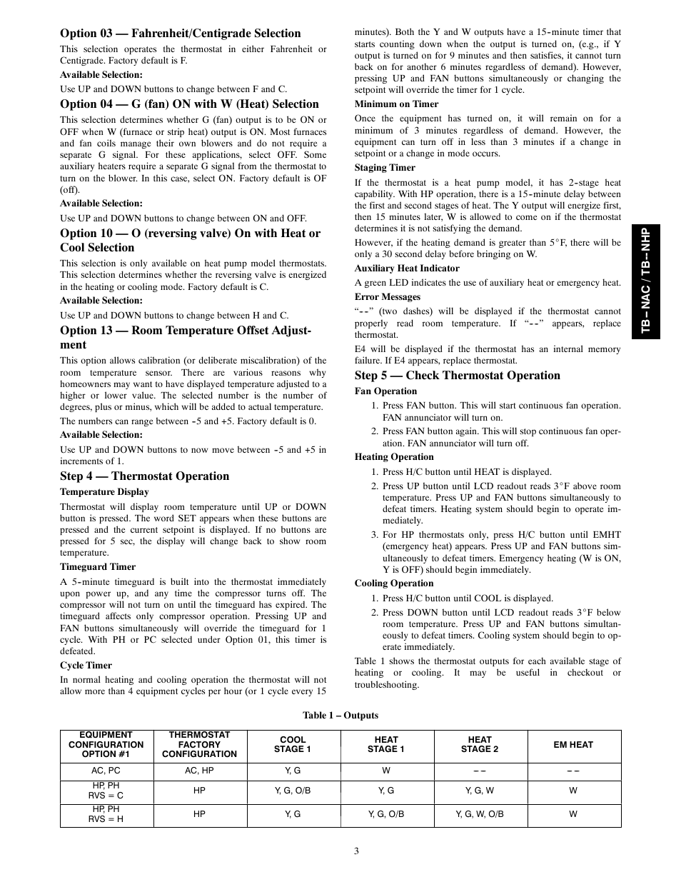 Option 03 — fahrenheit/centigrade selection, Option 04 — g (fan) on with w (heat) selection, Option 13 — room temperature offset adjust- ment | Step 4 — thermostat operation, Step 5 — check thermostat operation | Carrier TB-NHP User Manual | Page 3 / 8