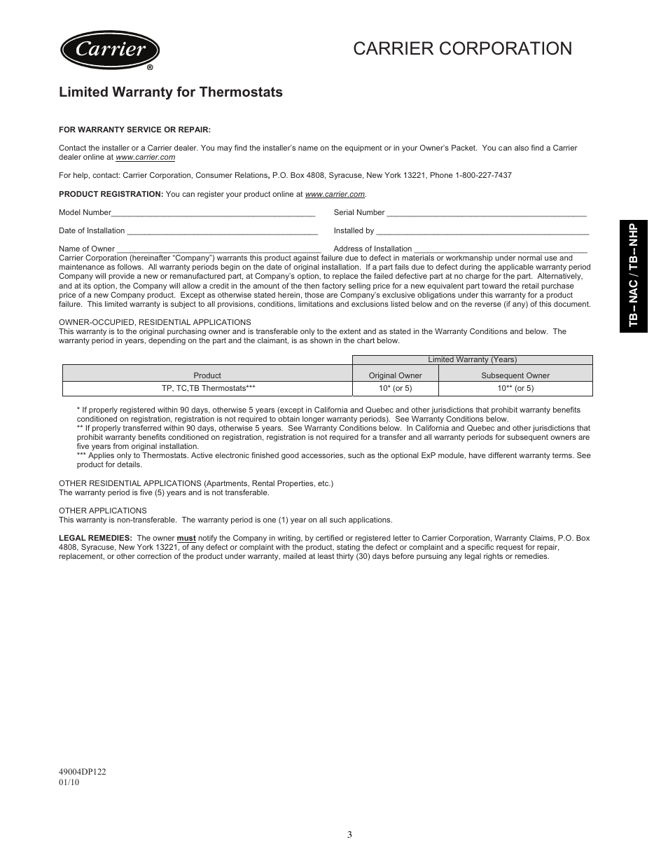 Carrier corporation, Limited warranty for thermostats | Carrier TB-NHP User Manual | Page 7 / 8