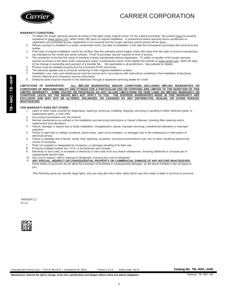 Carrier corporation | Carrier TB-NHP User Manual | Page 8 / 8