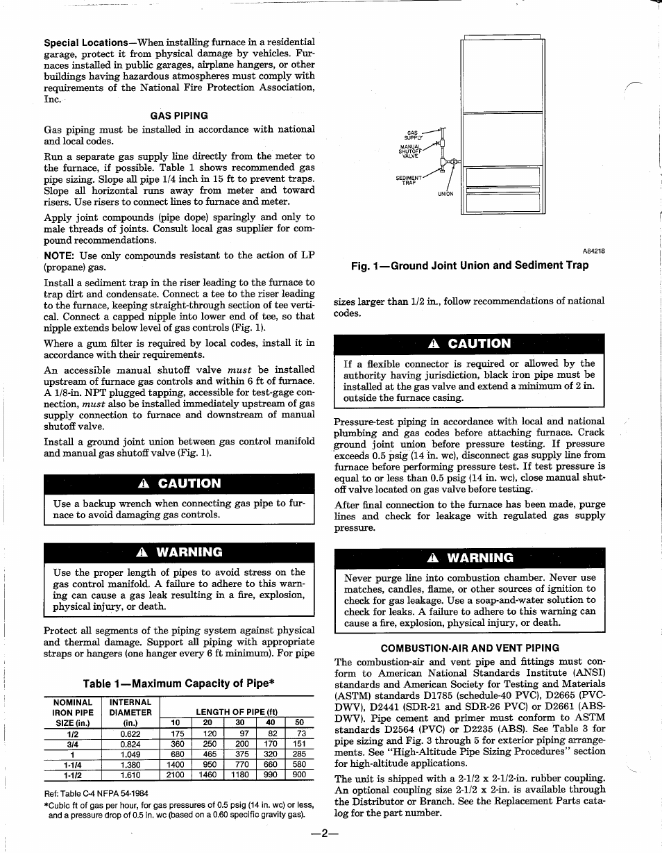 A caution, Fig. 1—ground joint union and sediment trap, A warning | Carrier 58SX040-IBC User Manual | Page 2 / 8