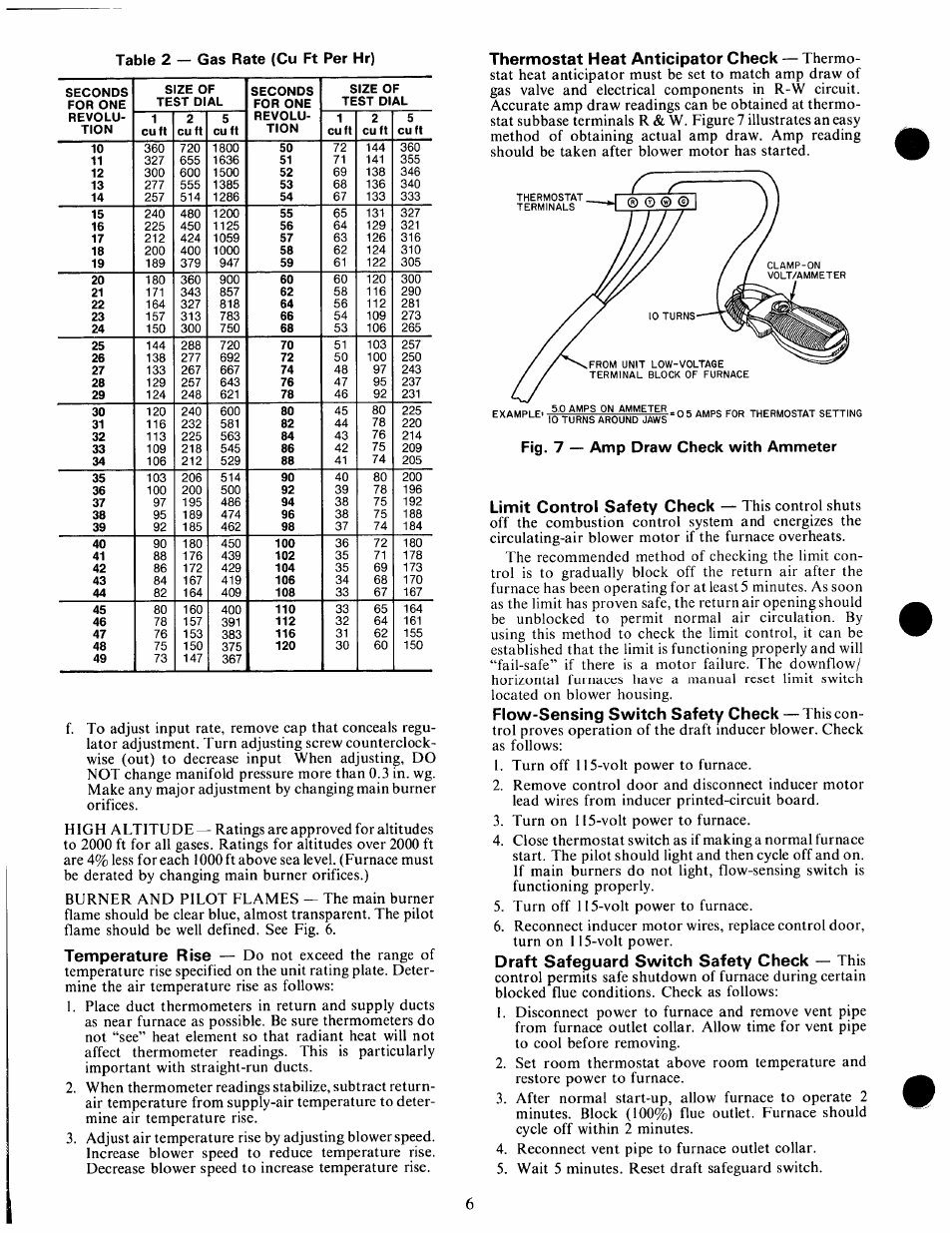 Temperature rise, Thermostat heat anticipator check, Limit control safety check | Flow-sensing switch safety check, Draft safeguard switch safety check | Carrier 58SS/DH User Manual | Page 6 / 8