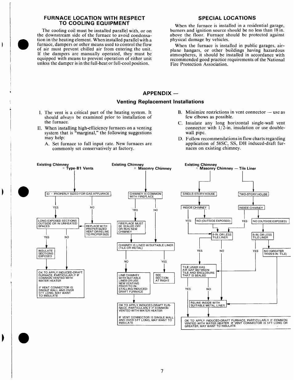 Furnace location with respect to cooling equipment, Special locations, Appendix | Venting replacement installations, Appendix — venting replacement, Installations | Carrier 58SS/DH User Manual | Page 7 / 8