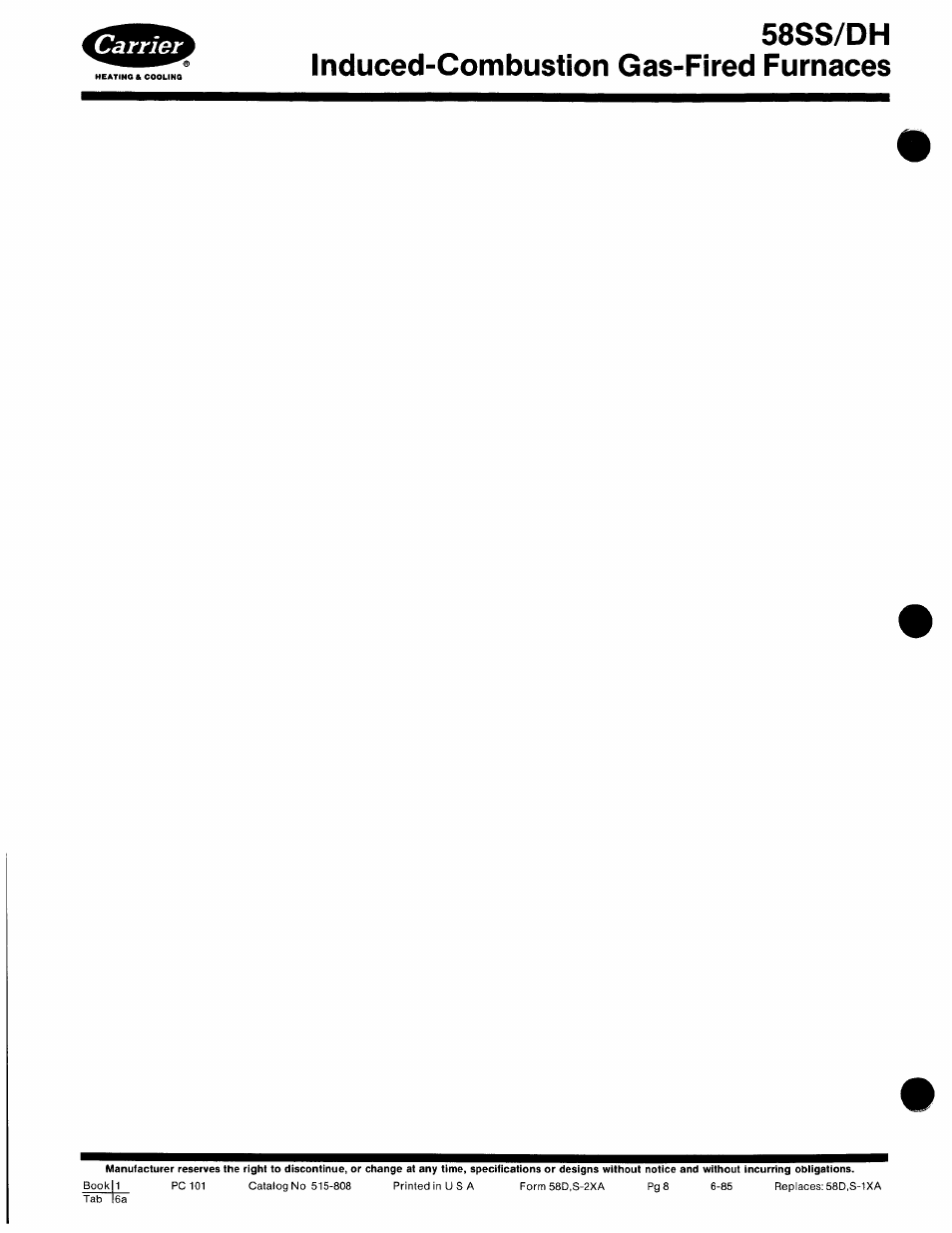 58ss/dh, Induced-combustion gas-fired furnaces, 58ss/dh induced-combustion gas-fired furnaces | Carrier 58SS/DH User Manual | Page 8 / 8