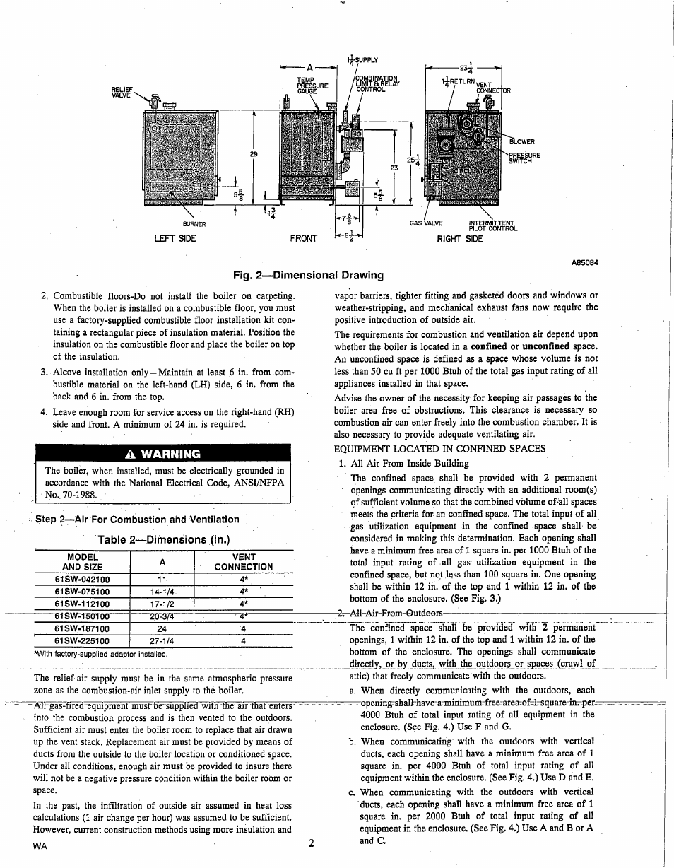 A warning, Table 2—dimensions (in.), Warning | Carrier 61SW User Manual | Page 2 / 10