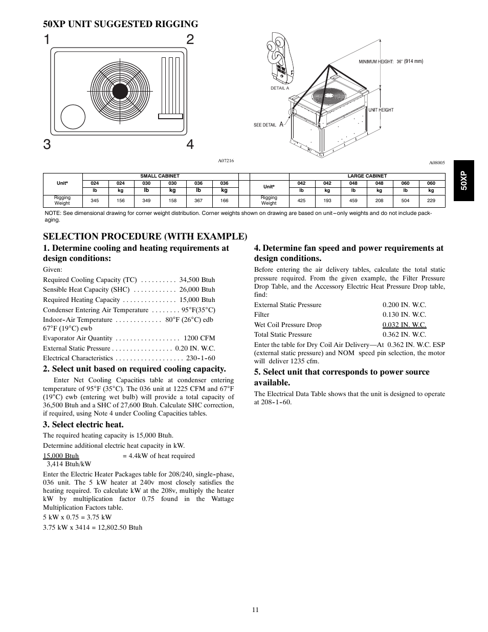 Selection procedure, 50xp unit suggested rigging, Selection procedure (with example) | Select unit based on required cooling capacity, Select electric heat | Carrier 50XP User Manual | Page 11 / 24