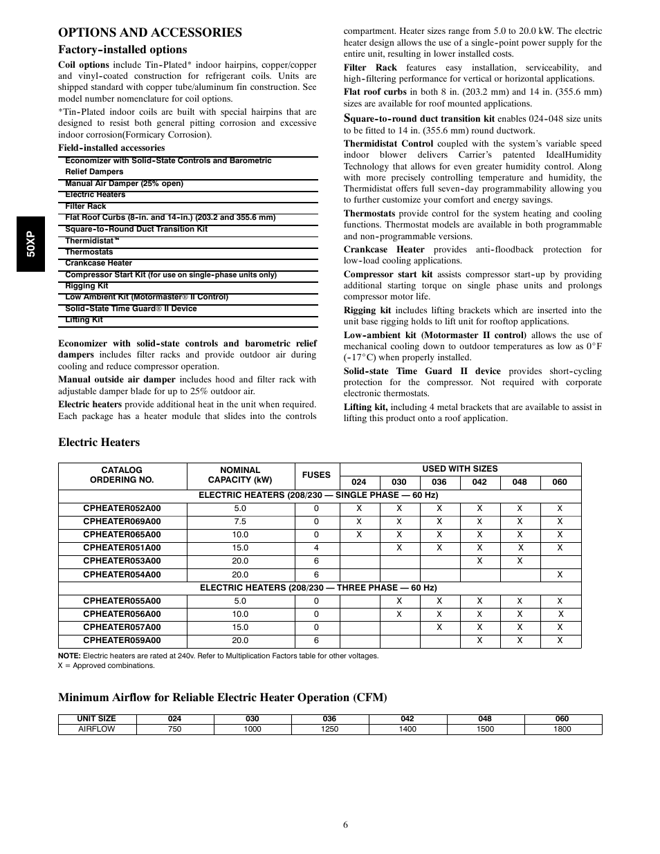 Options and accessories, Factory--installed options, Electric heaters | Carrier 50XP User Manual | Page 6 / 24