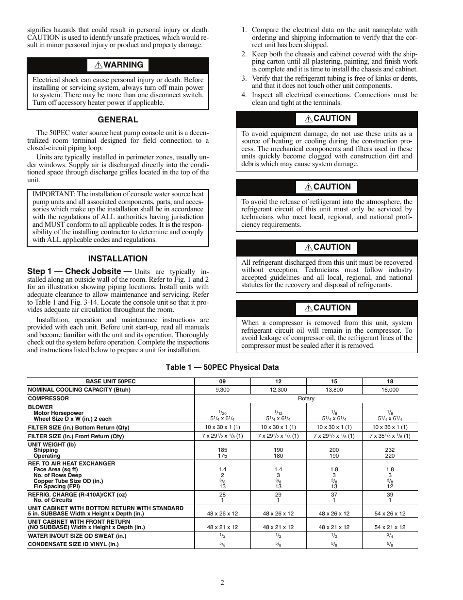 General, Installation step 1 — check jobsite, Warning | Caution | Carrier AQUAZONE 50PEC09-18 User Manual | Page 2 / 60