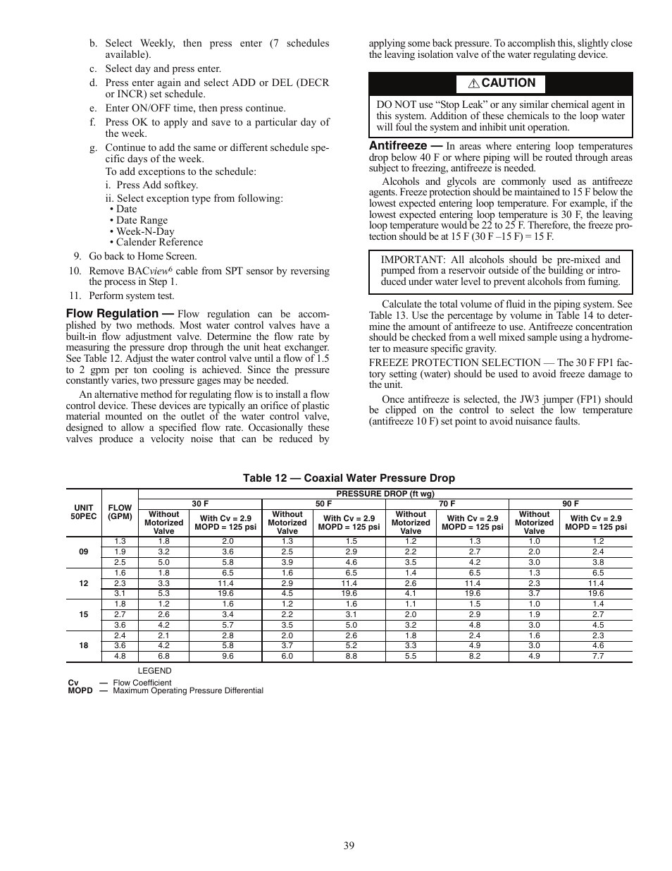 Flow regulation, Antifreeze, Caution | Carrier AQUAZONE 50PEC09-18 User Manual | Page 39 / 60