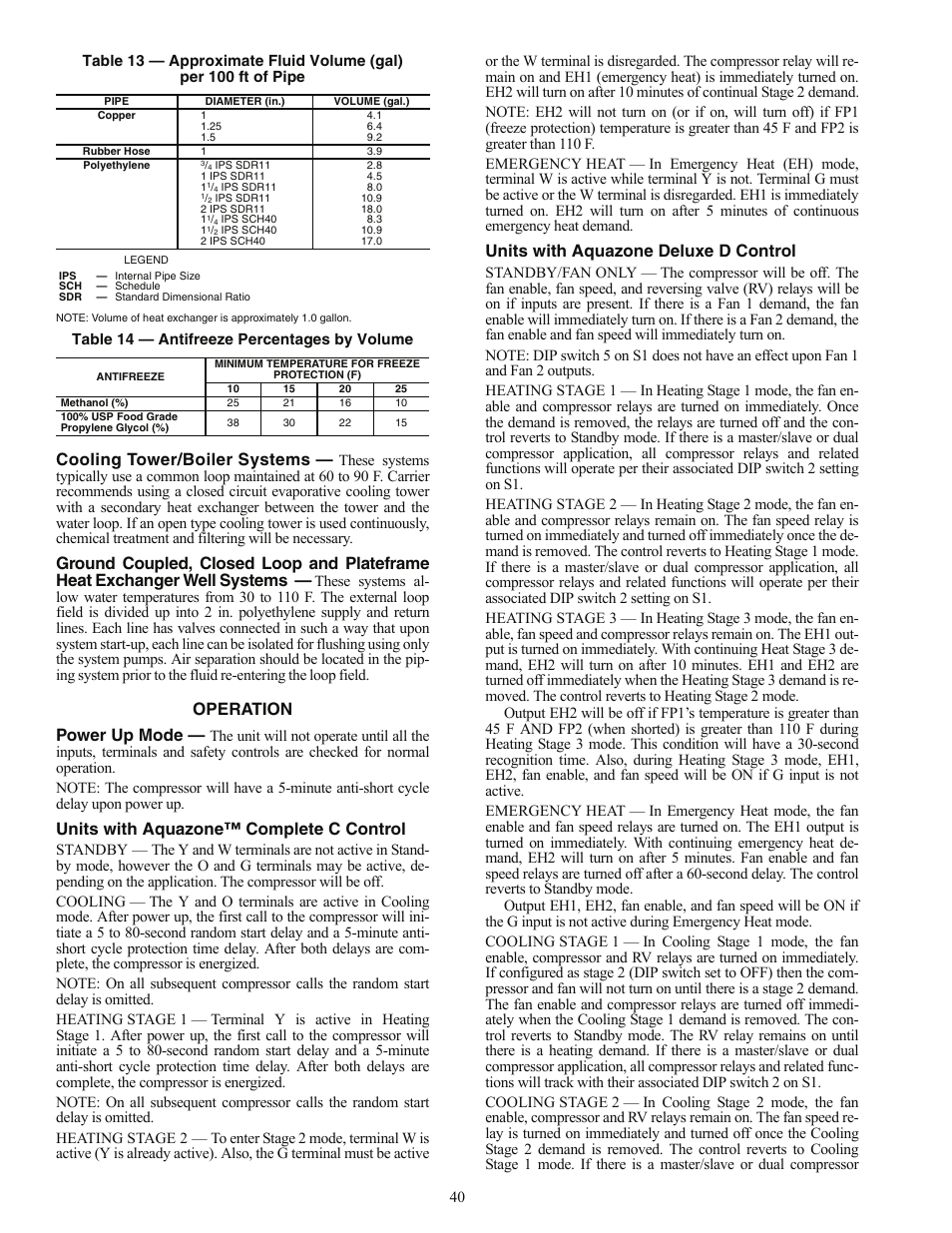 Cooling tower/boiler systems, Operation power up mode, Units with aquazone™ complete c control | Units with aquazone deluxe d control | Carrier AQUAZONE 50PEC09-18 User Manual | Page 40 / 60