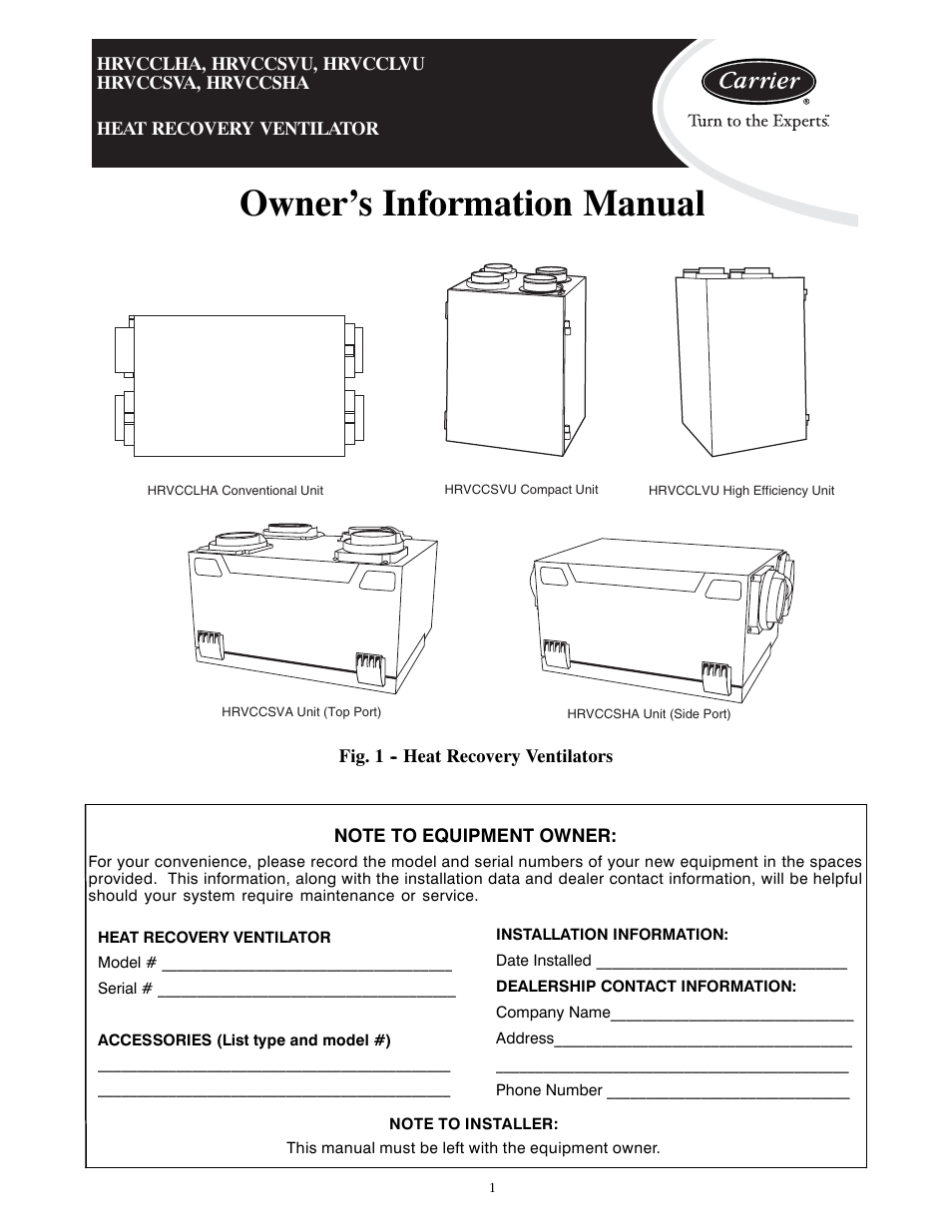 Carrier HRVCCSVA User Manual | 4 pages