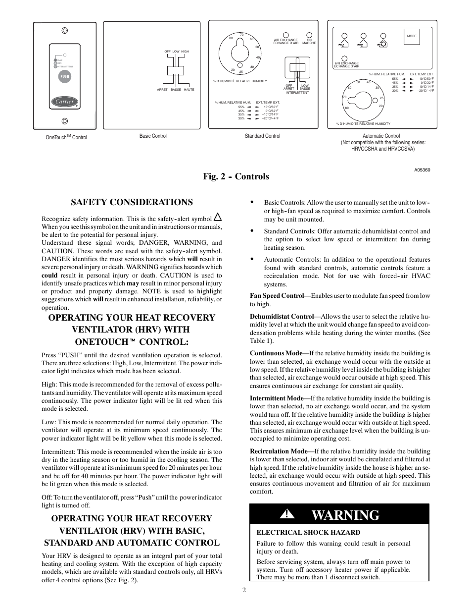 Warning, Fig. 2 -- controls safety considerations | Carrier HRVCCSVA User Manual | Page 2 / 4