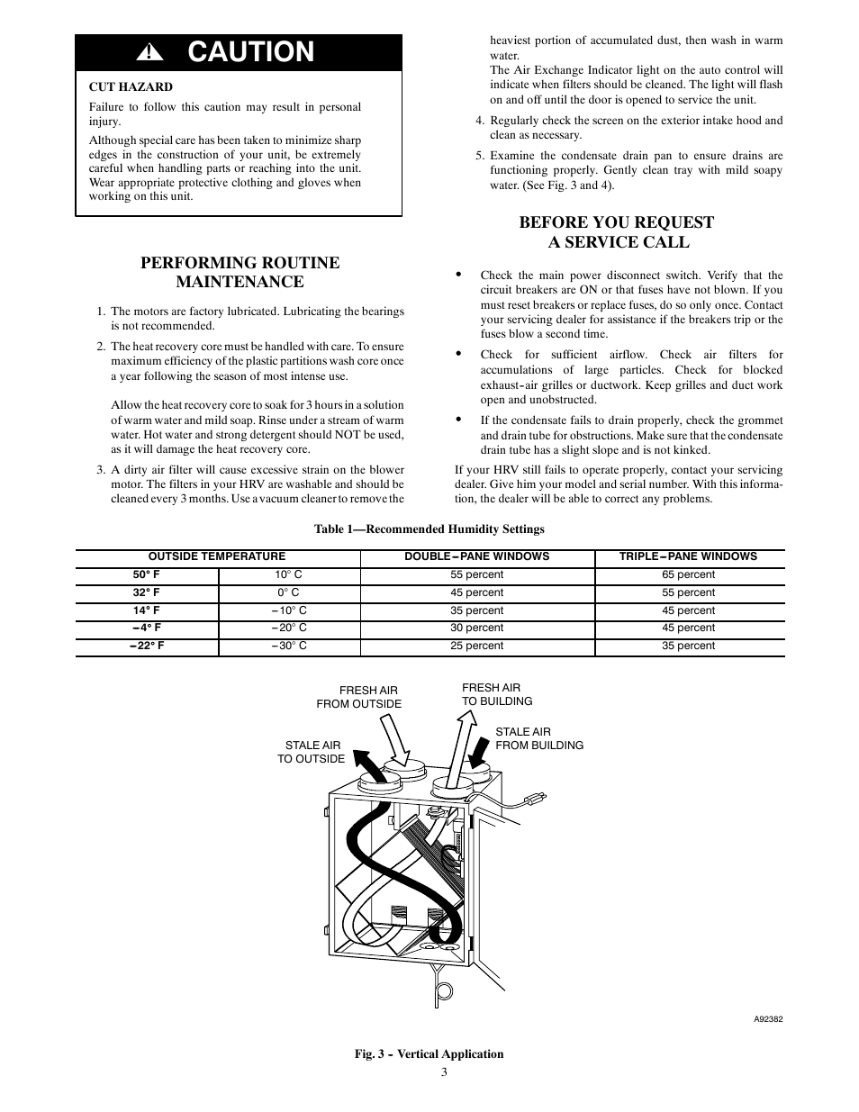 Caution, Performing routine maintenance, Before you request a service call | Carrier HRVCCSVA User Manual | Page 3 / 4