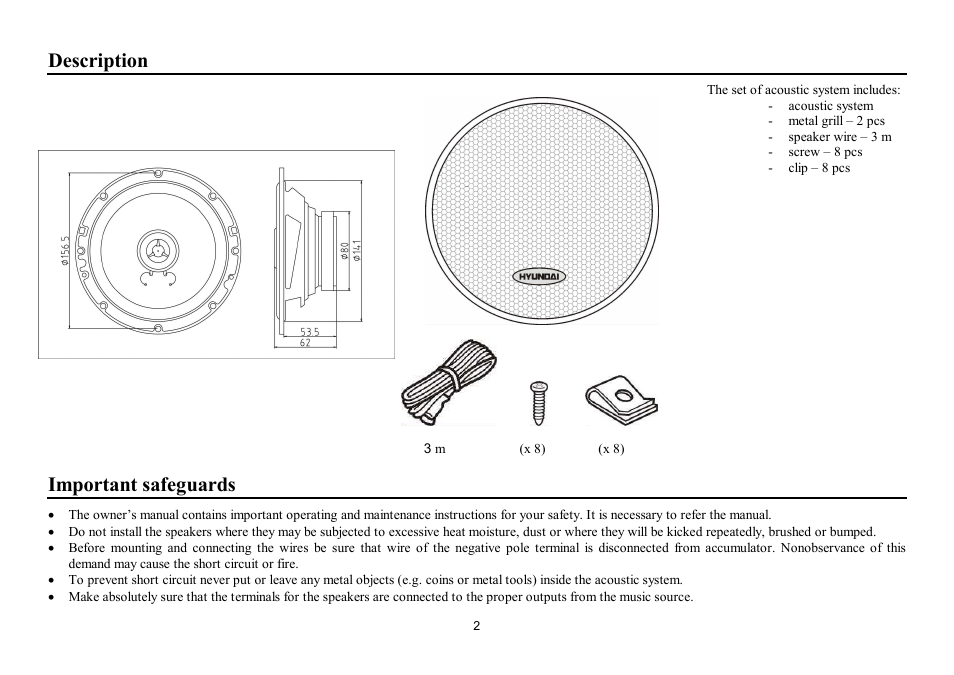 Description, Important safeguards | Hyundai H-CSD602 User Manual | Page 2 / 11
