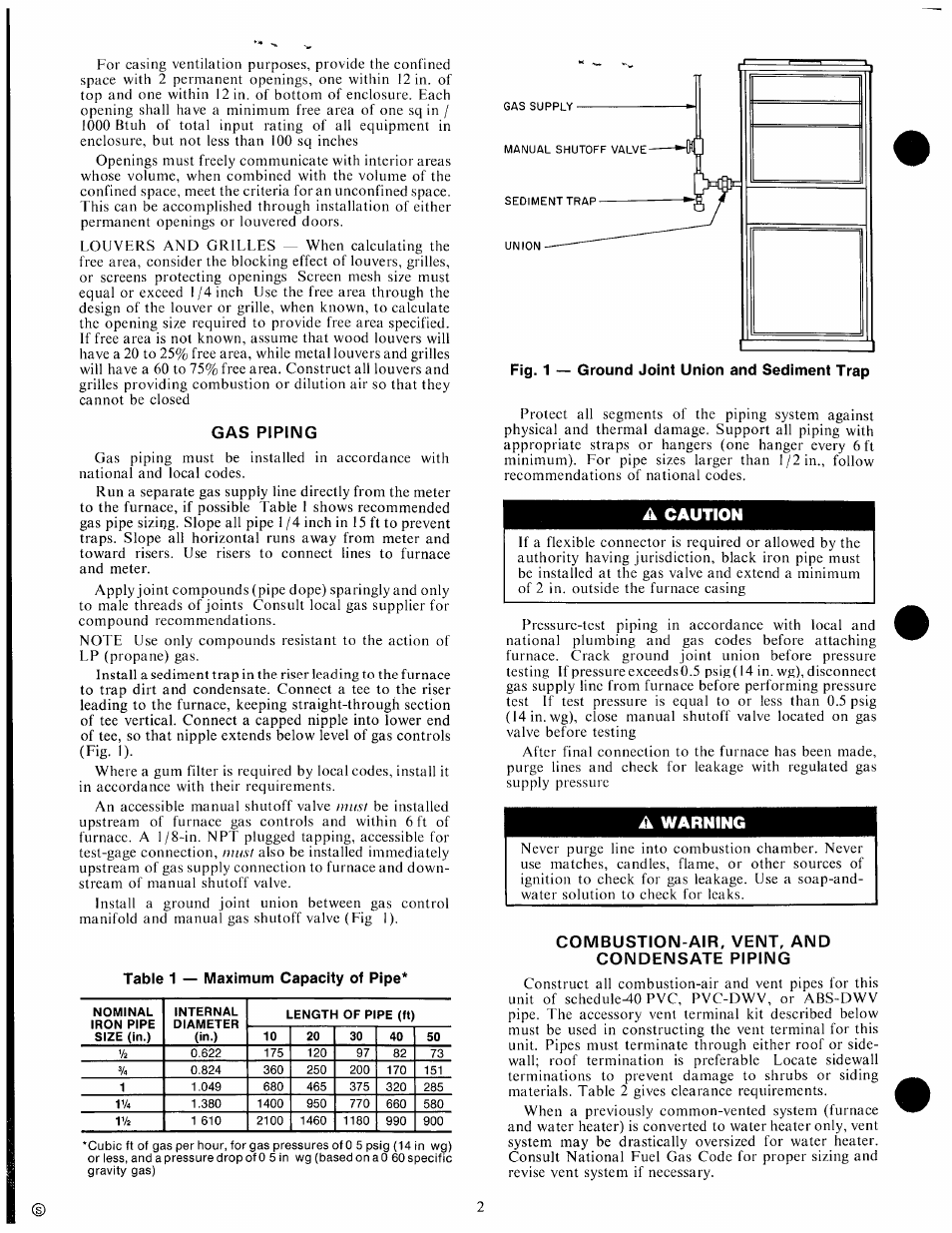 Gas piping, Table 1 — maximum capacity of pipe, Combustion-air, vent, and condensate piping | Caution, Warning | Carrier 58SX040 User Manual | Page 2 / 8